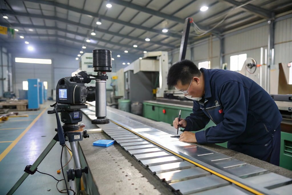 Technician inspecting cutting blade on automatic webbing cutting machine
