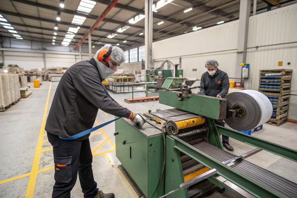 Operator wearing protective equipment operating cutting machine