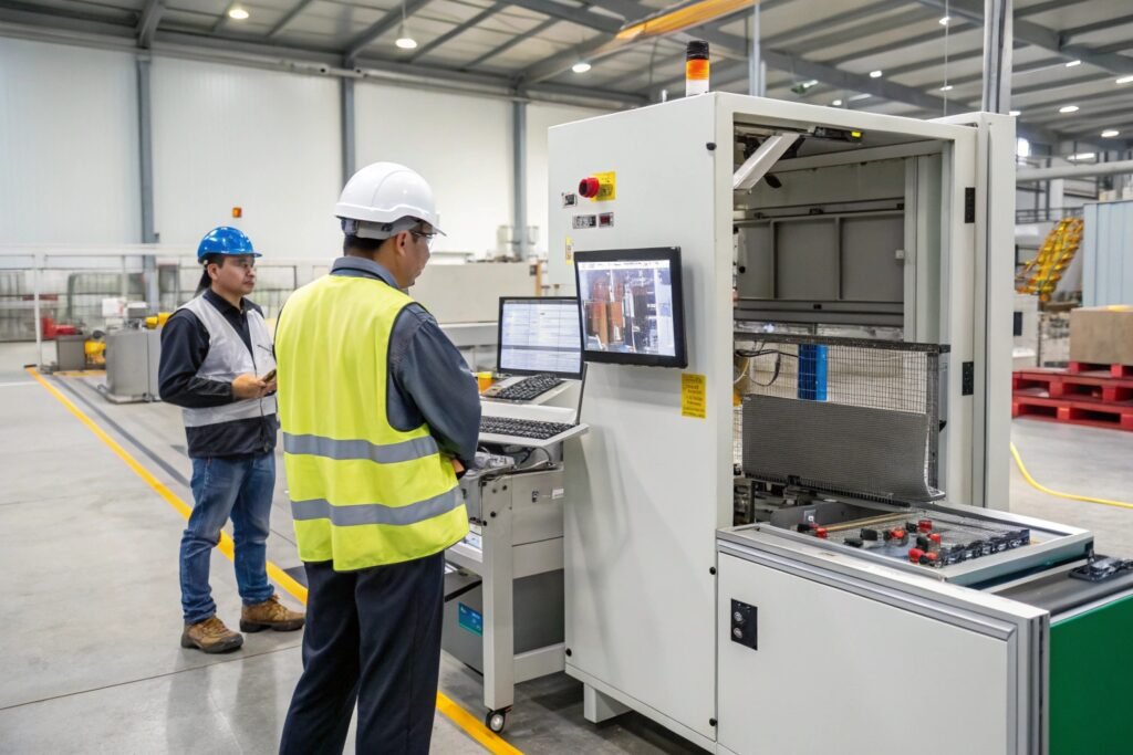 Industrial packaging machine production line with organized spare parts inventory and manufacturing support services