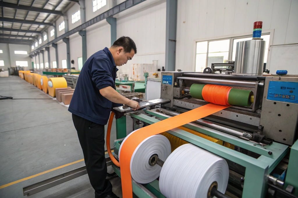 Factory operator producing high temperature fiberglass tape with industrial coating machine