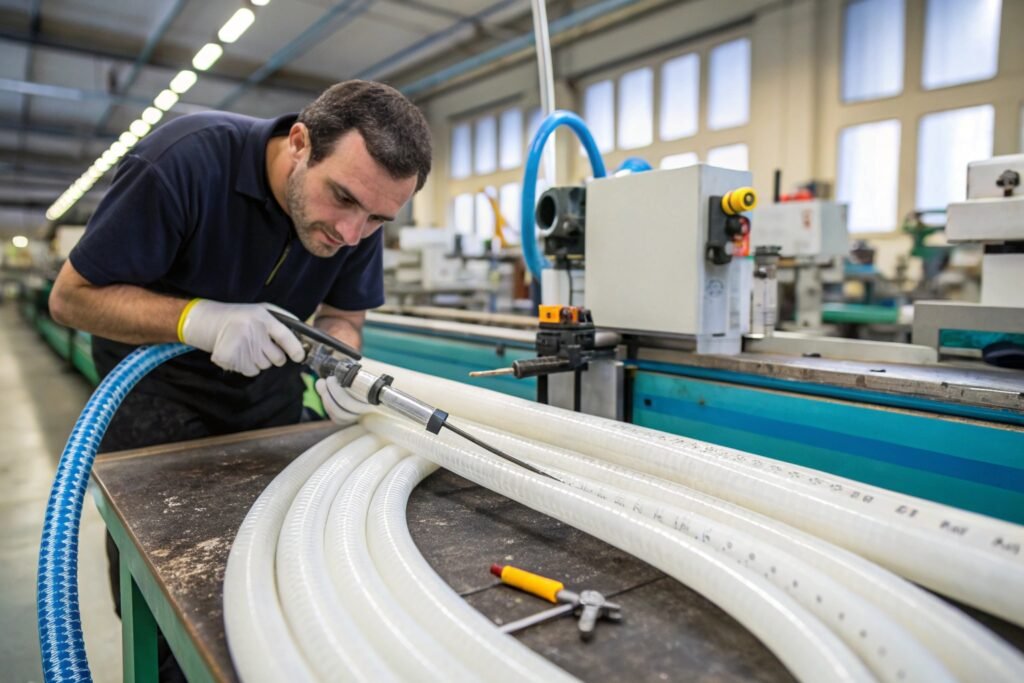 Silicone Hose Cutting Cutting silicone hose on a stable surface with marked guide line