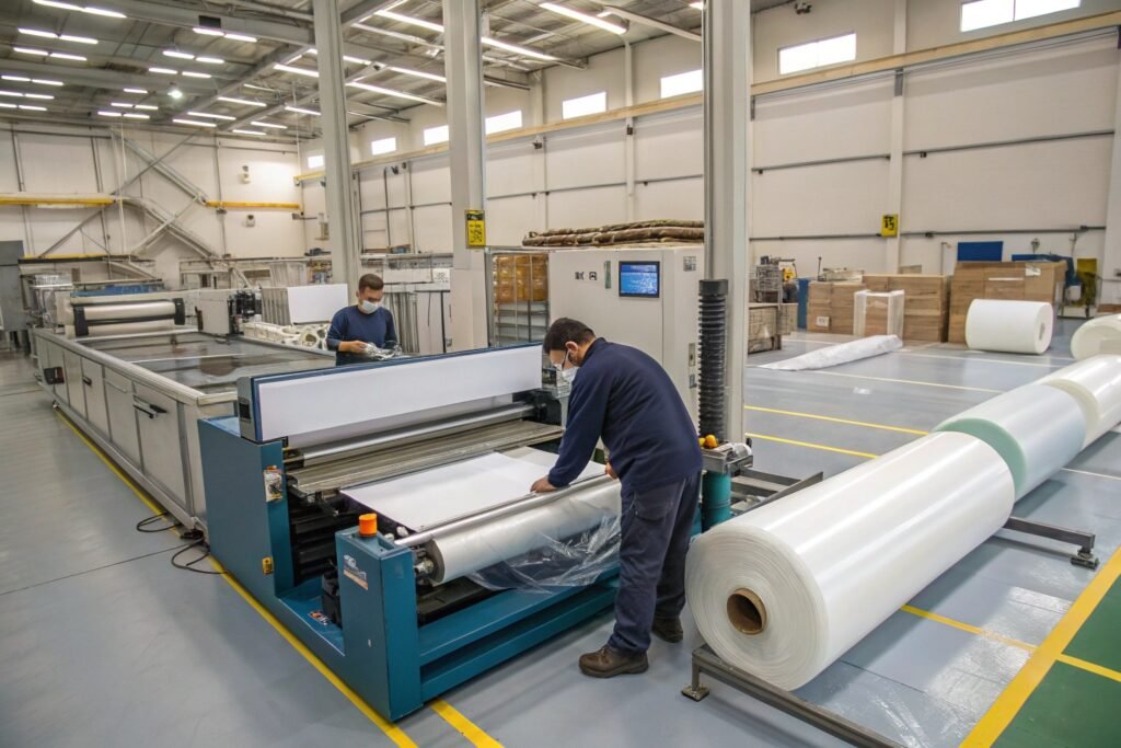 Engineering team reviewing bubble wrap production samples and cutting performance results