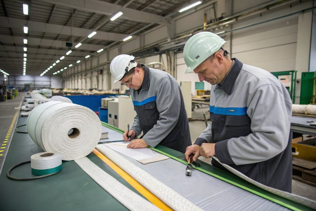 Industrial workers inspecting fiberglass tape production line in modern manufacturing facility