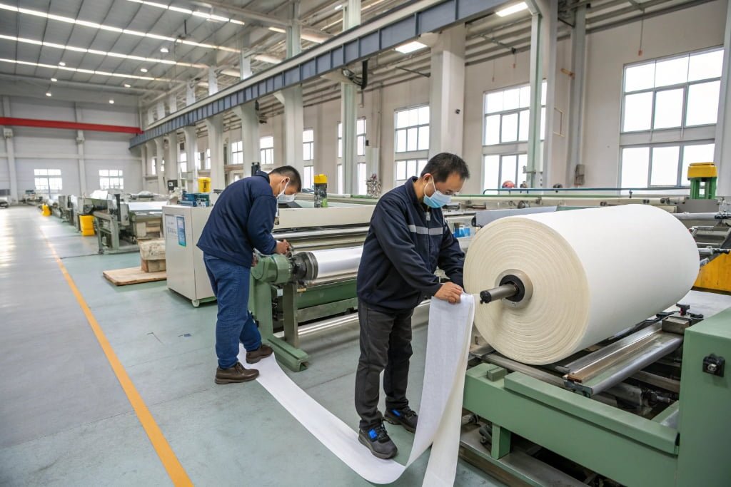 Operator monitoring automatic webbing cutting machine during production