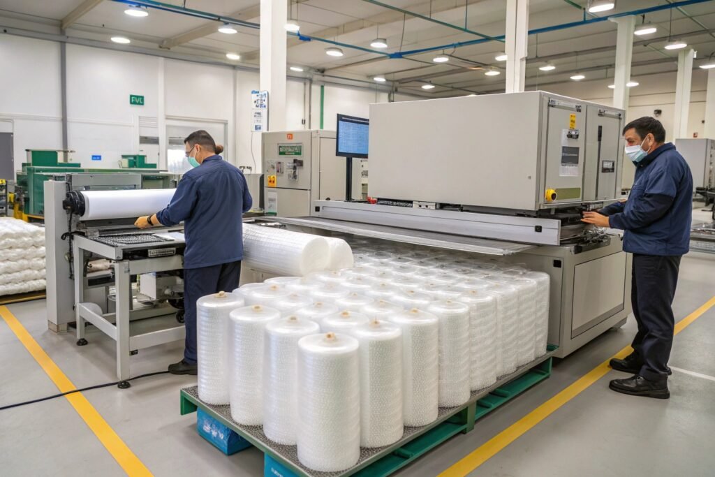 Bubble wrap cutting machine processing customer material rolls during factory sample testing