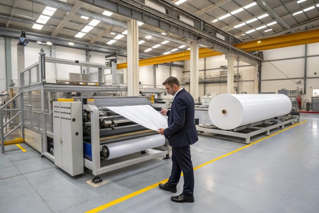 Export packaging for bubble roll sheeting machine with secure wooden crate protection