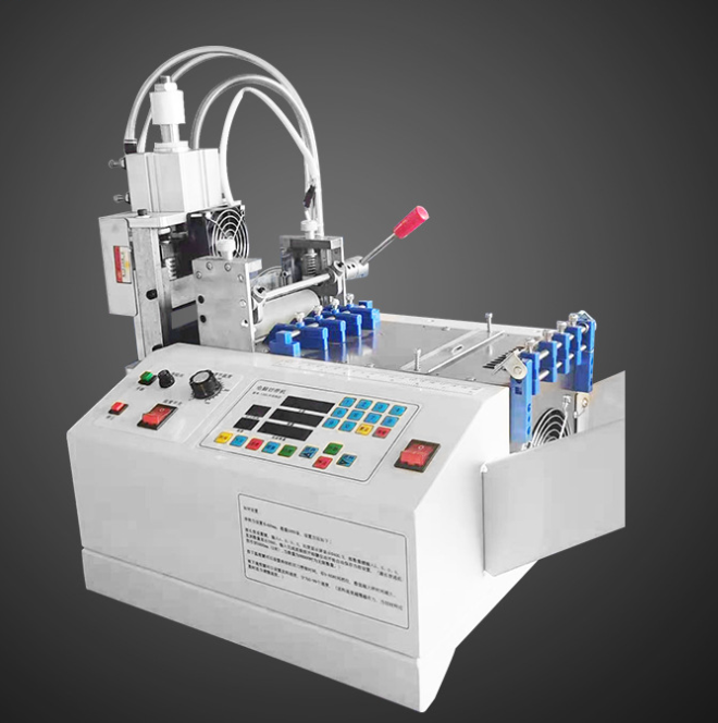 Technician calibrating automatic webbing angle cutting machine for precise angle adjustment