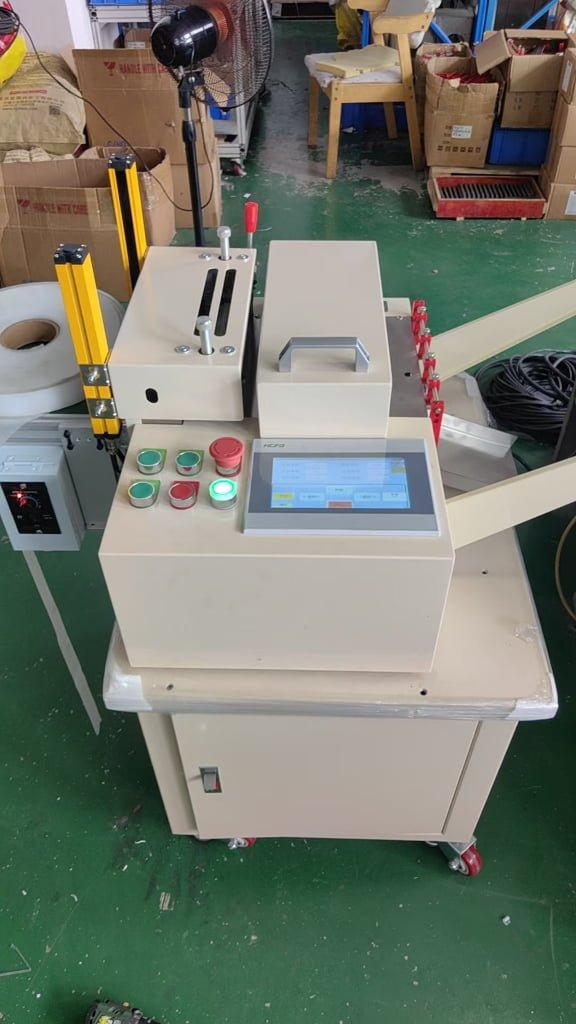Photovoltaic factory operator checking EVA gasket cutter components for long term equipment reliability